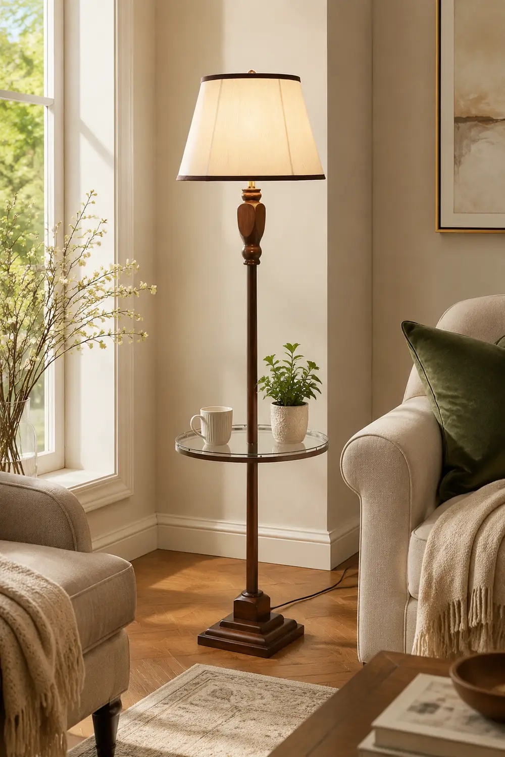 Eryn Retro Drum Fabric Metal Floor Lamp, Beige/Khaki - Lumpaz