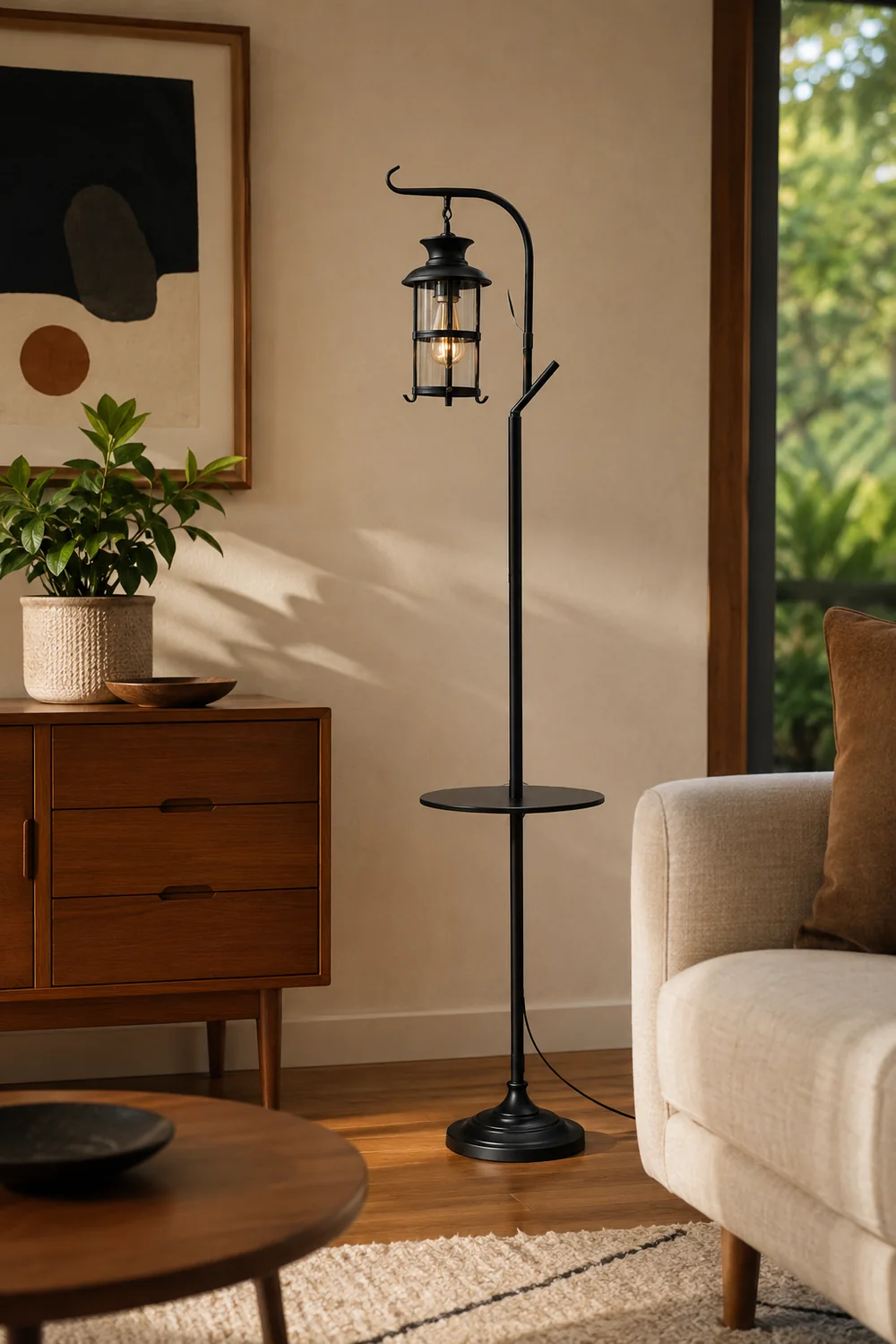 Alessio Retro Lantern Metal Glass Floor Lamp /w Table, Black/White - Lumpaz