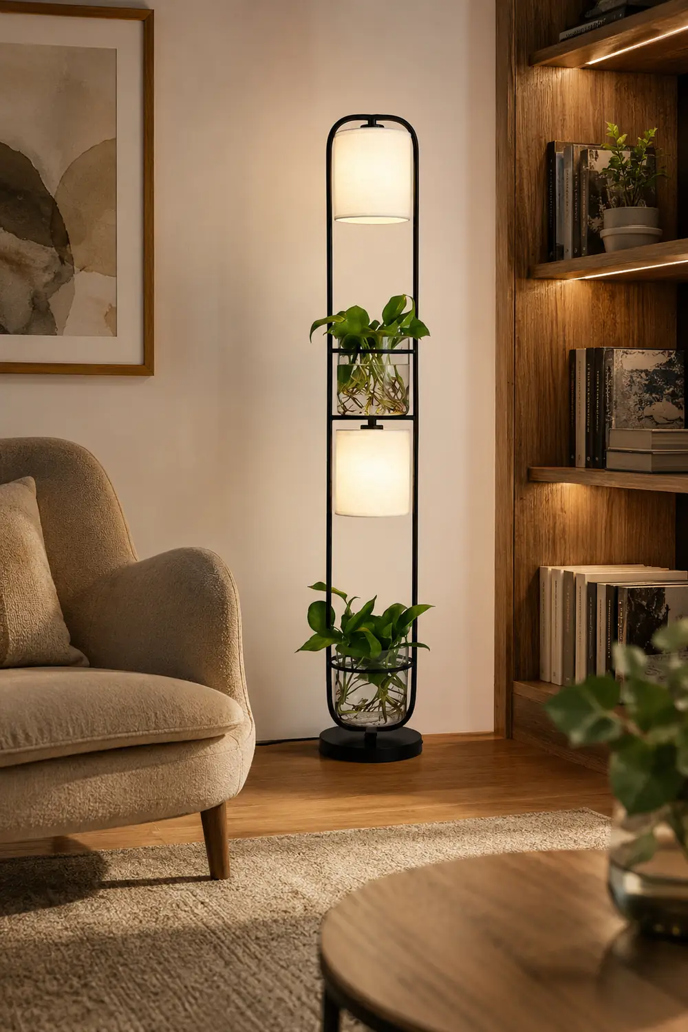 Eryn Simple Cylinder 2-Light Heads Floor Lamp with Planters, Black/White/Gold - Lumpaz
