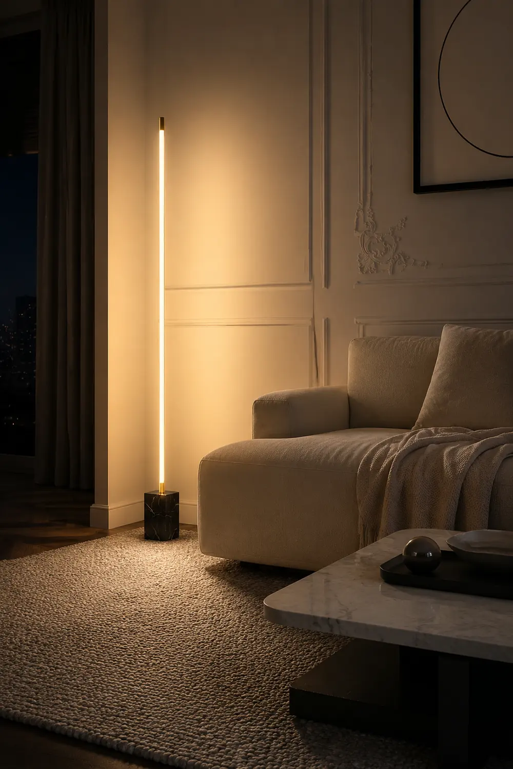 Edge Minimalist Linear Floor Lamp, Black/Gold, Metal/Marble - Lumpaz