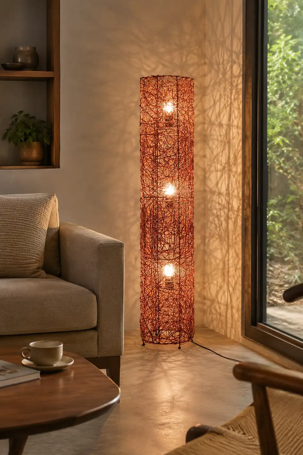 Ritta Retro Vase Wood Rattan Floor Lamp, White/Brown - Lumpaz