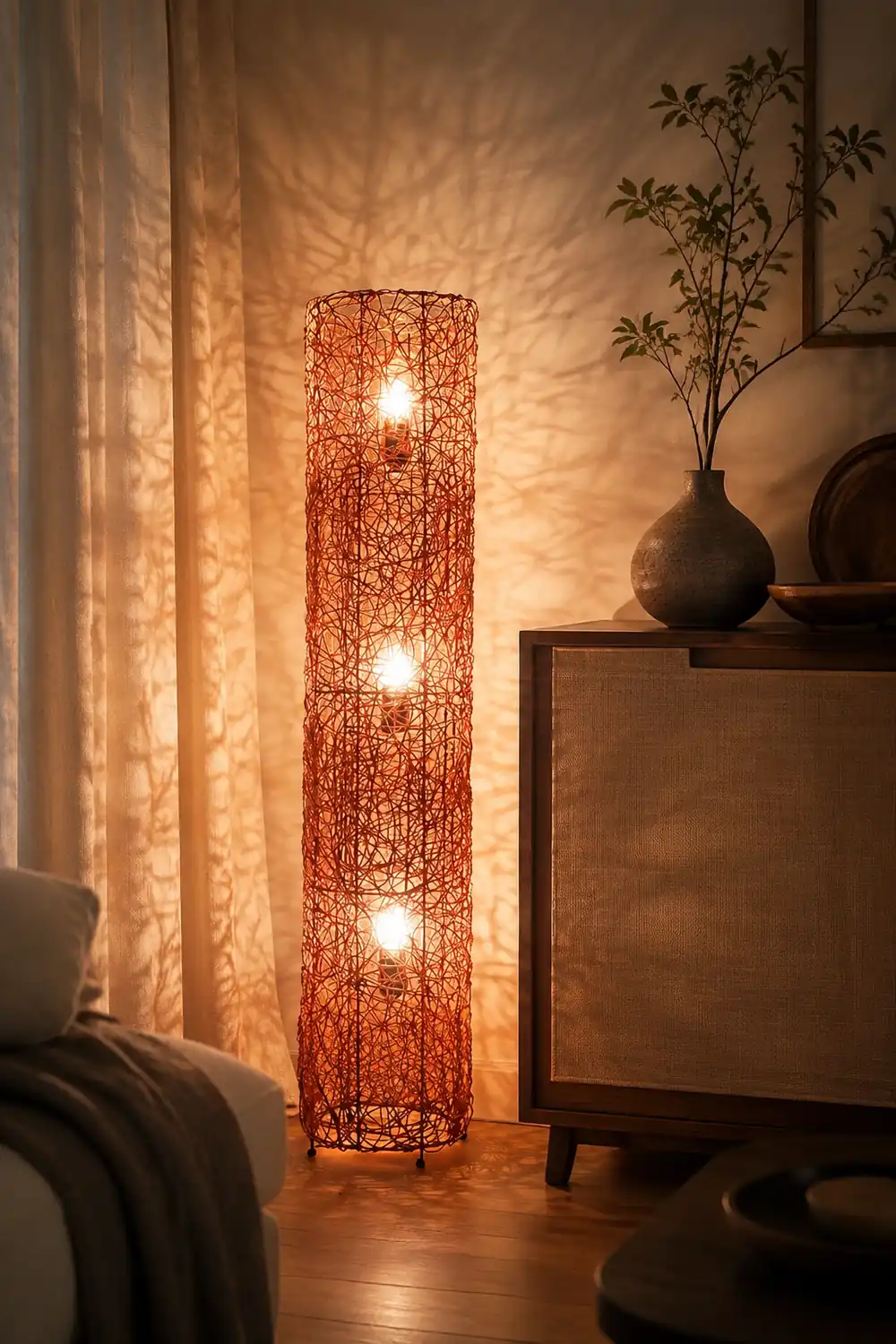 Ritta Retro Vase Wood Rattan Floor Lamp, White/Brown - Lumpaz