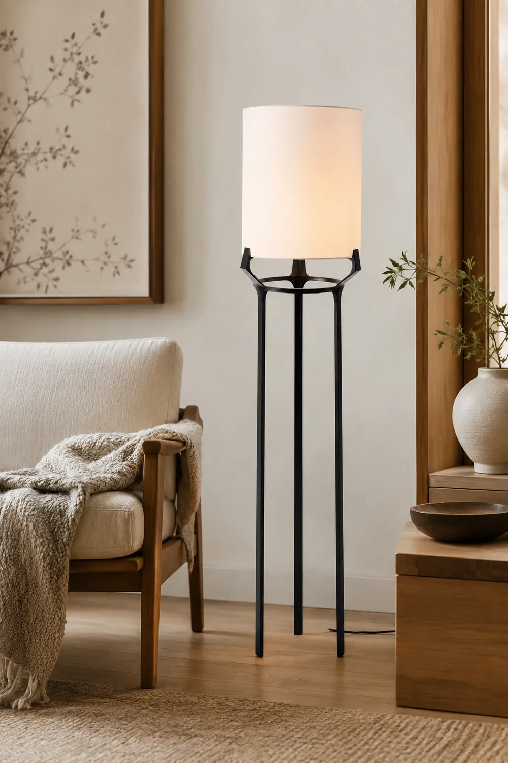 Eryn Contemporary Tripod Metal Fabric Floor Lamp, White - Lumpaz