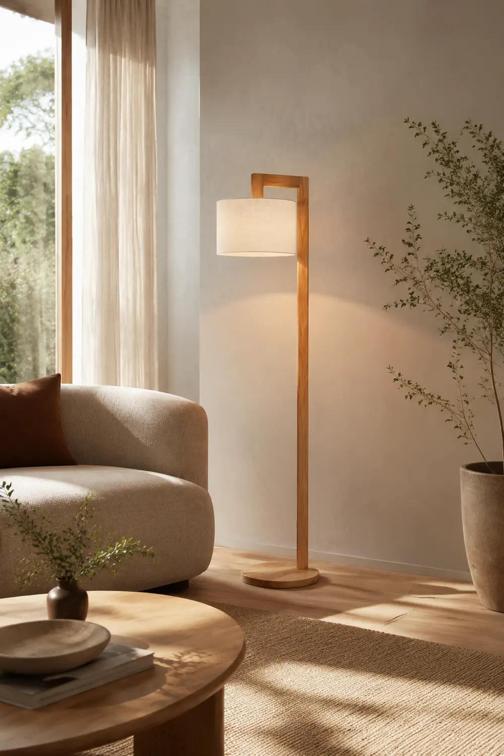 Ozawa Japanese Right Angle Arm Floor Lamp, Beige, Wood/Fabric - Lumpaz