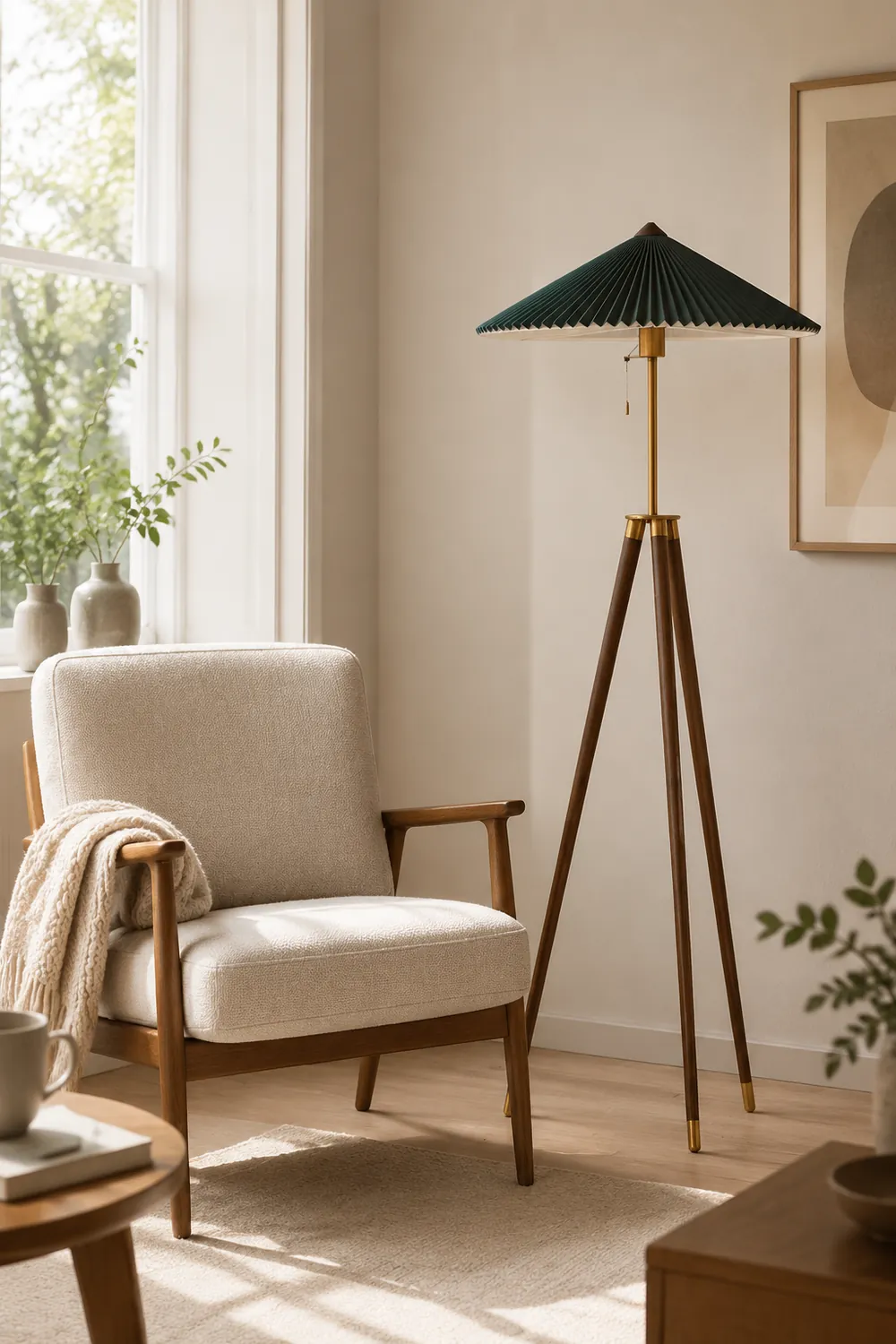 Ozawa Modern Pleated Tripod Wood Fabric Floor Lamp - Lumpaz