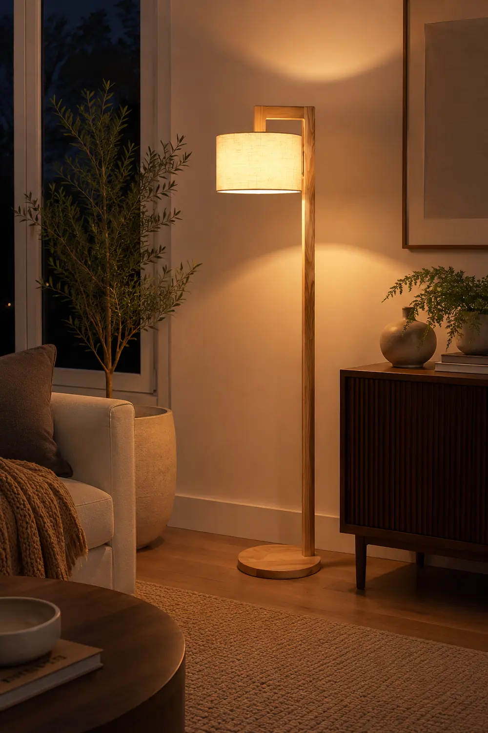 Ozawa Japanese Right Angle Arm Floor Lamp, Beige, Wood/Fabric - Lumpaz