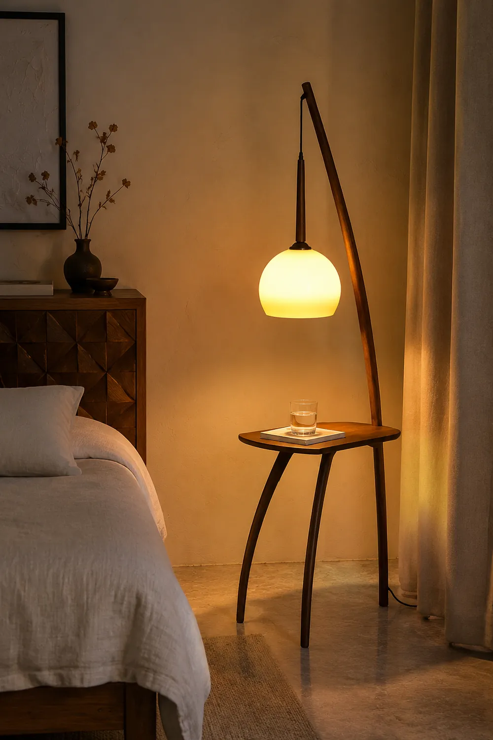 Ozawa Modern Dome Tripod Wood Glass Floor Lamp /w Table, Brown - Lumpaz