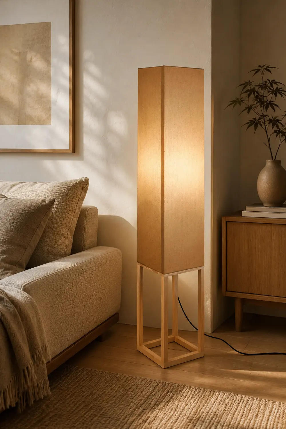 Ozawa Retro Rectangular Floor Lamp, Wood & Fabric, Bedroom - Lumpaz