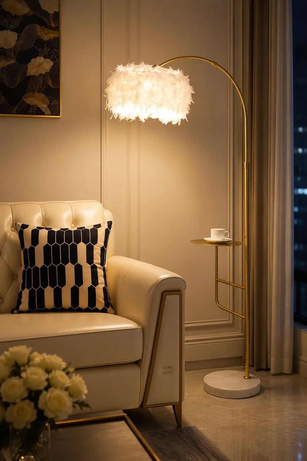 O'Moore Elegant Arc Metal Feather Floor Lamp With Table - Lumpaz