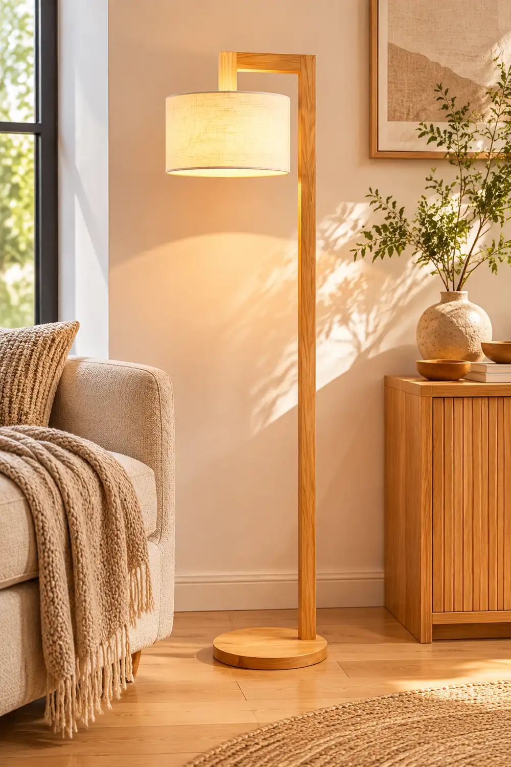 Ozawa Japanese Right Angle Arm Floor Lamp, Beige, Wood/Fabric - Lumpaz