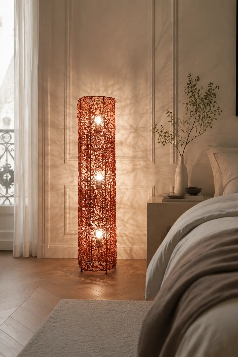 Ritta Retro Vase Wood Rattan Floor Lamp, White/Brown - Lumpaz