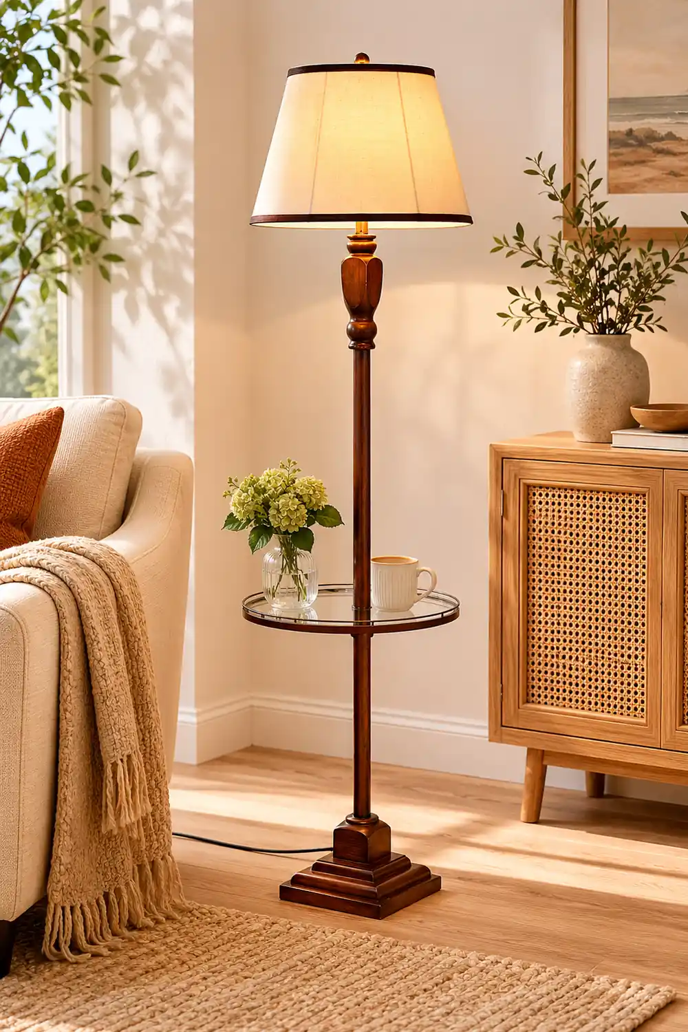 Eryn Retro Drum Fabric Metal Floor Lamp, Beige/Khaki - Lumpaz