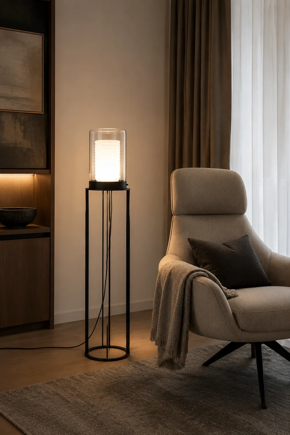 Eryn Simple Black Cylinder Floor Lamp, Metal & Glass - Lumpaz