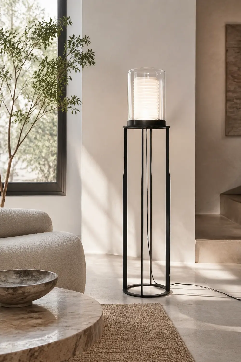 Eryn Simple Black Cylinder Floor Lamp, Metal & Glass - Lumpaz