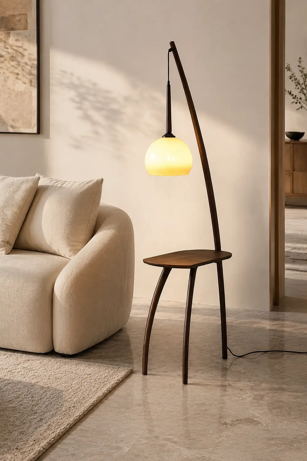Ozawa Modern Dome Tripod Wood Glass Floor Lamp /w Table, Brown - Lumpaz