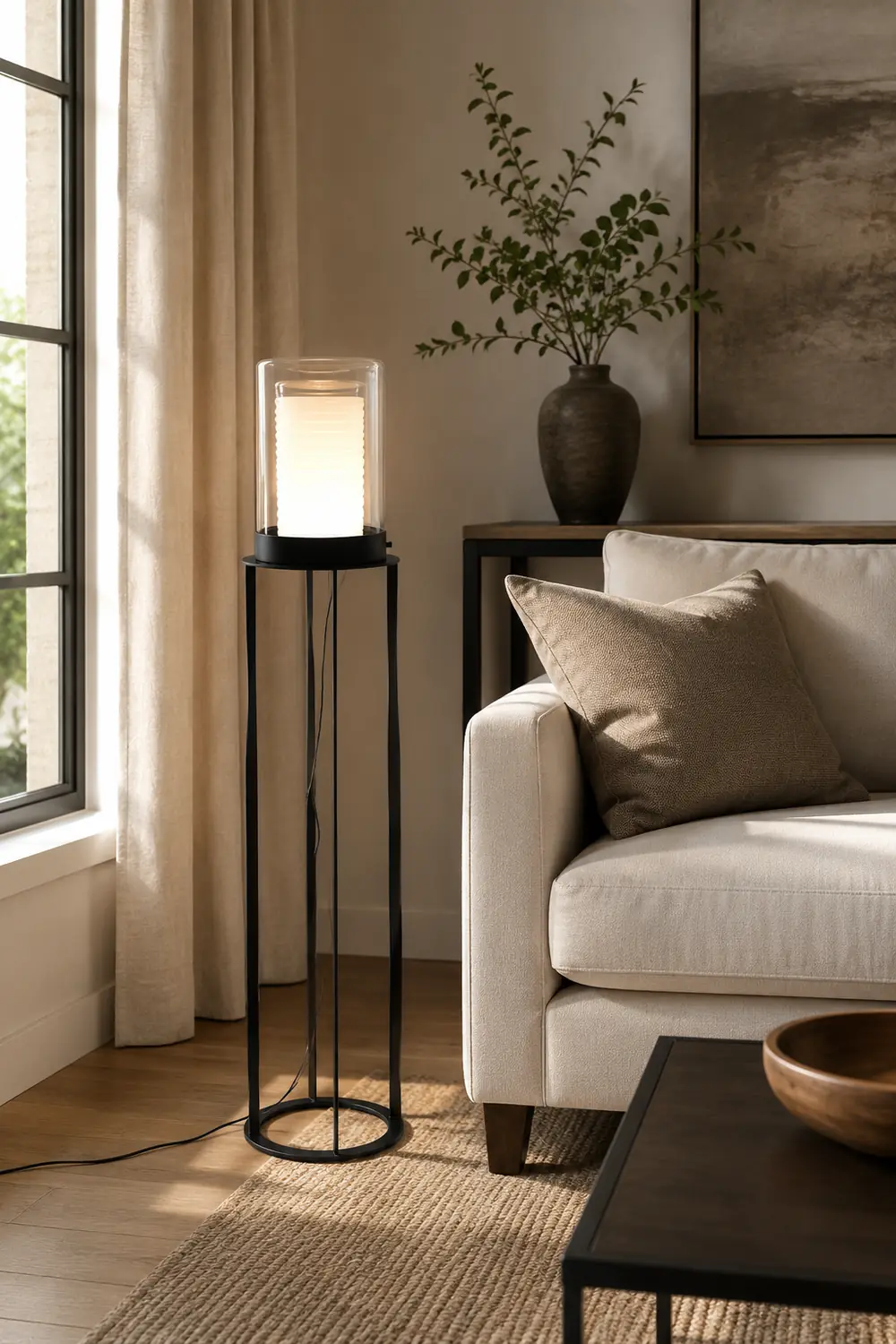 Eryn Simple Black Cylinder Floor Lamp, Metal & Glass - Lumpaz
