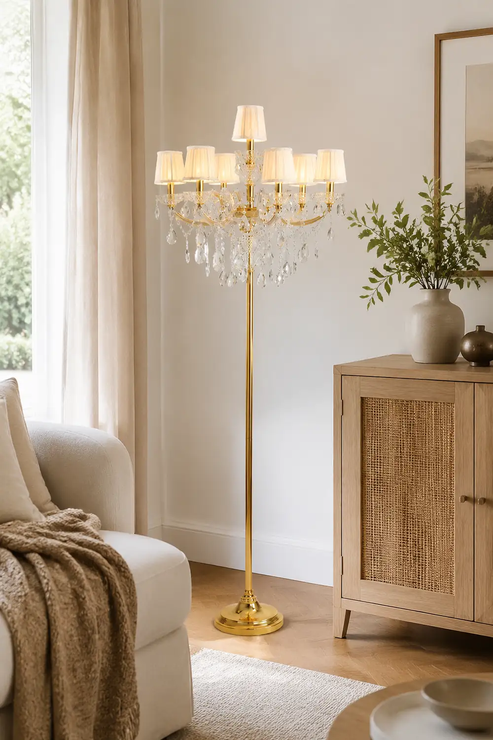 Carins Retro Crystal Multi Head Metal Fabric Floor Lamp, Gold - Lumpaz