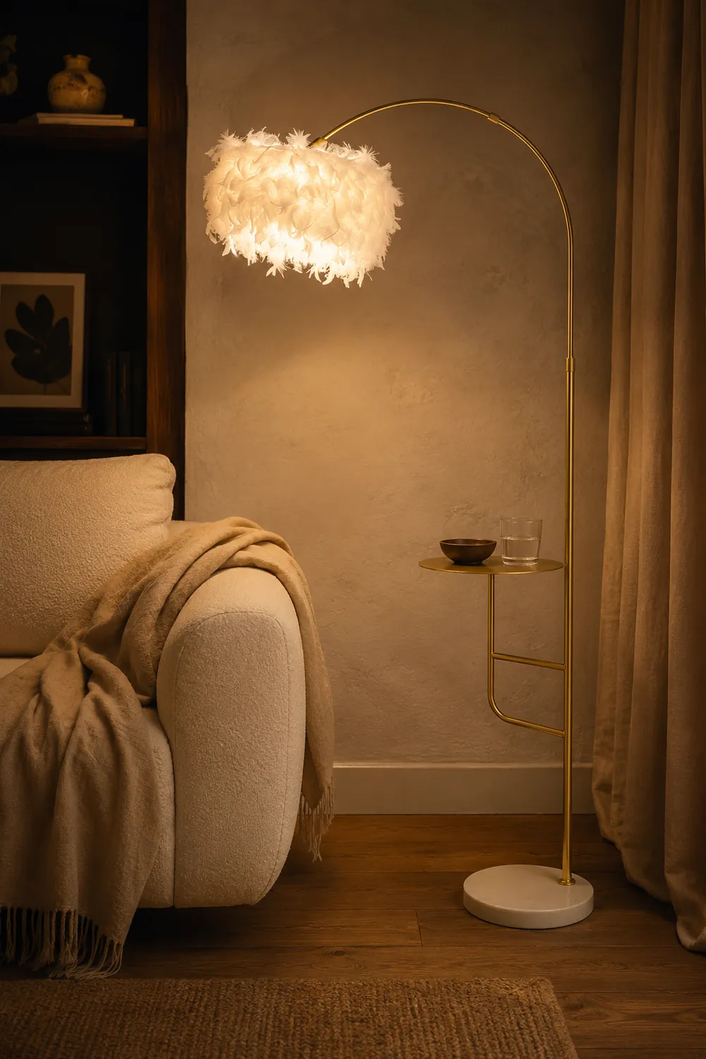 O'Moore Elegant Arc Metal Feather Floor Lamp With Table - Lumpaz