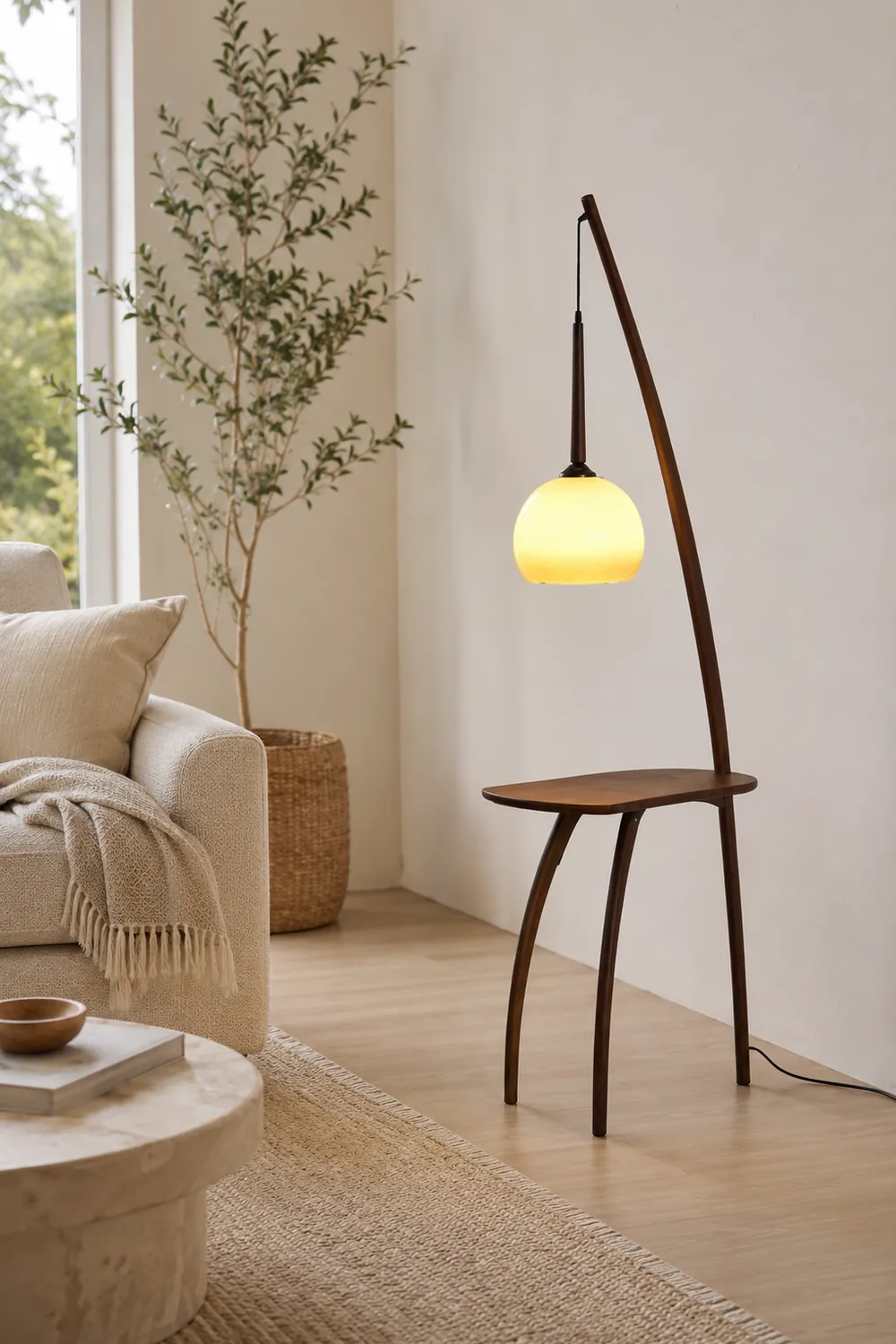 Ozawa Modern Dome Tripod Wood Glass Floor Lamp /w Table, Brown - Lumpaz