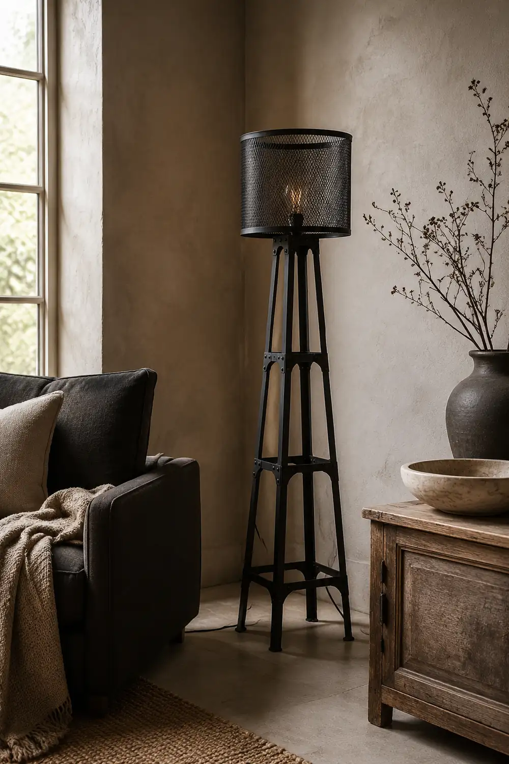 Alessio Modern Cylinder Mesh Screen Metal Floor Lamp, Black - Lumpaz