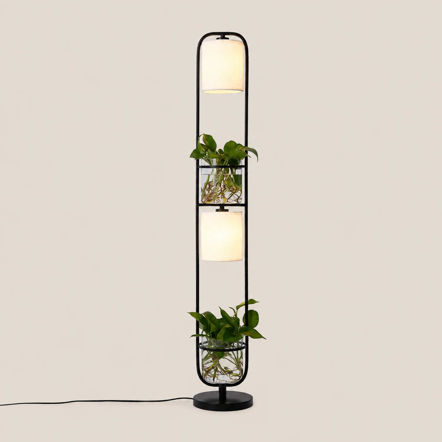 Eryn Simple Cylinder 2-Light Heads Floor Lamp with Planters, Black/White/Gold - Lumpaz