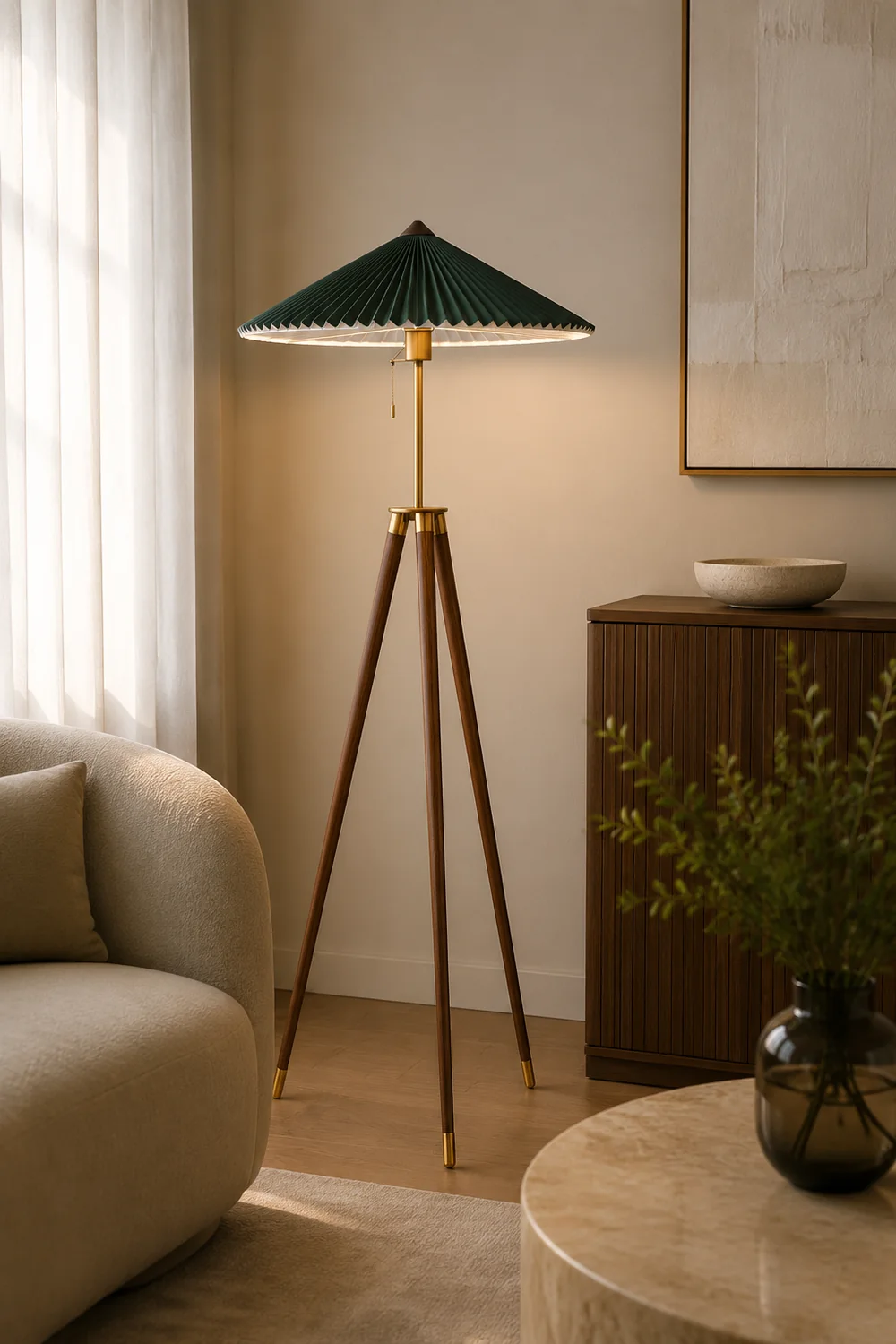 Ozawa Modern Pleated Tripod Wood Fabric Floor Lamp - Lumpaz