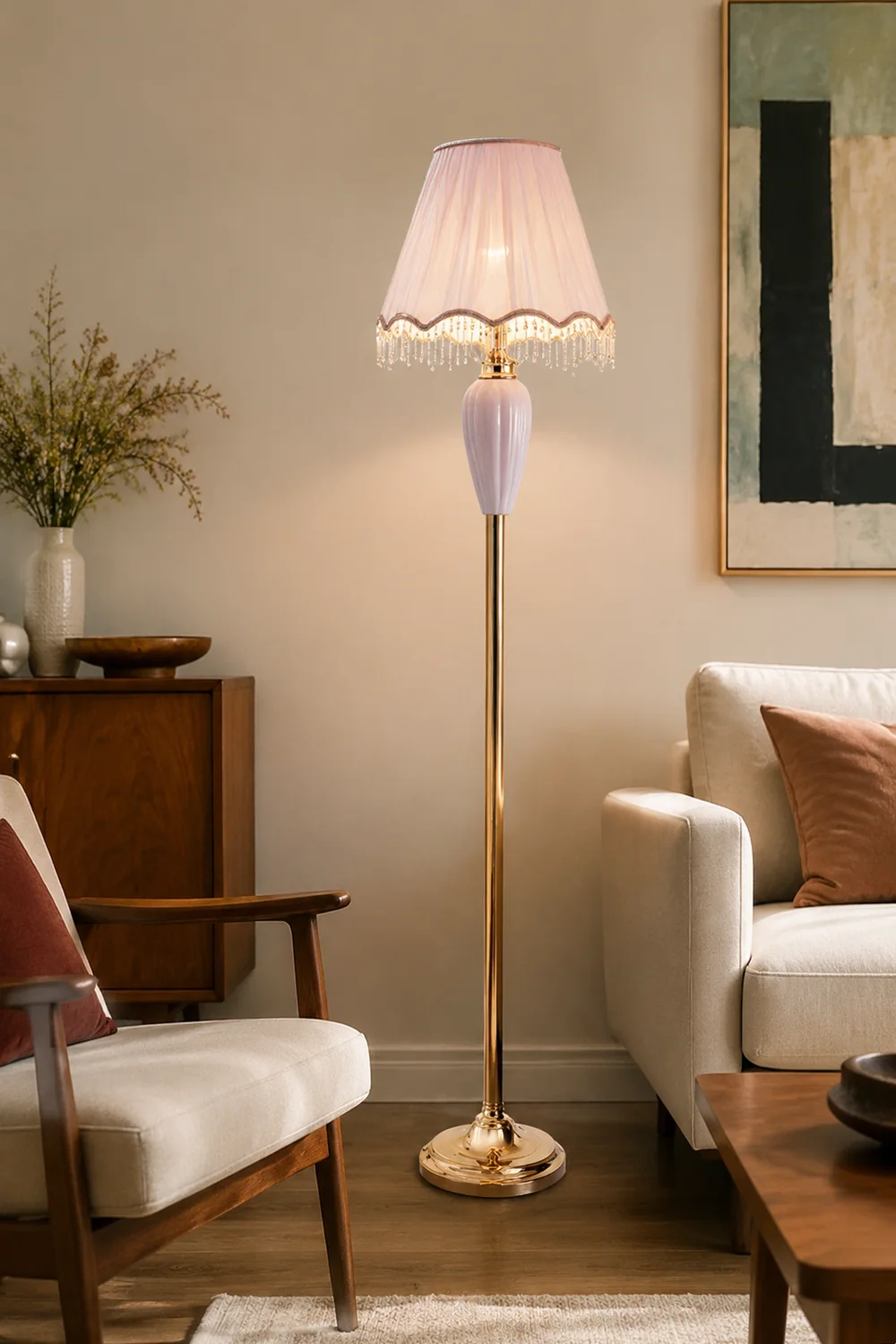 Eryn Vintage Ceramic Fabric Floor Lamp, Blue/Pink - Lumpaz