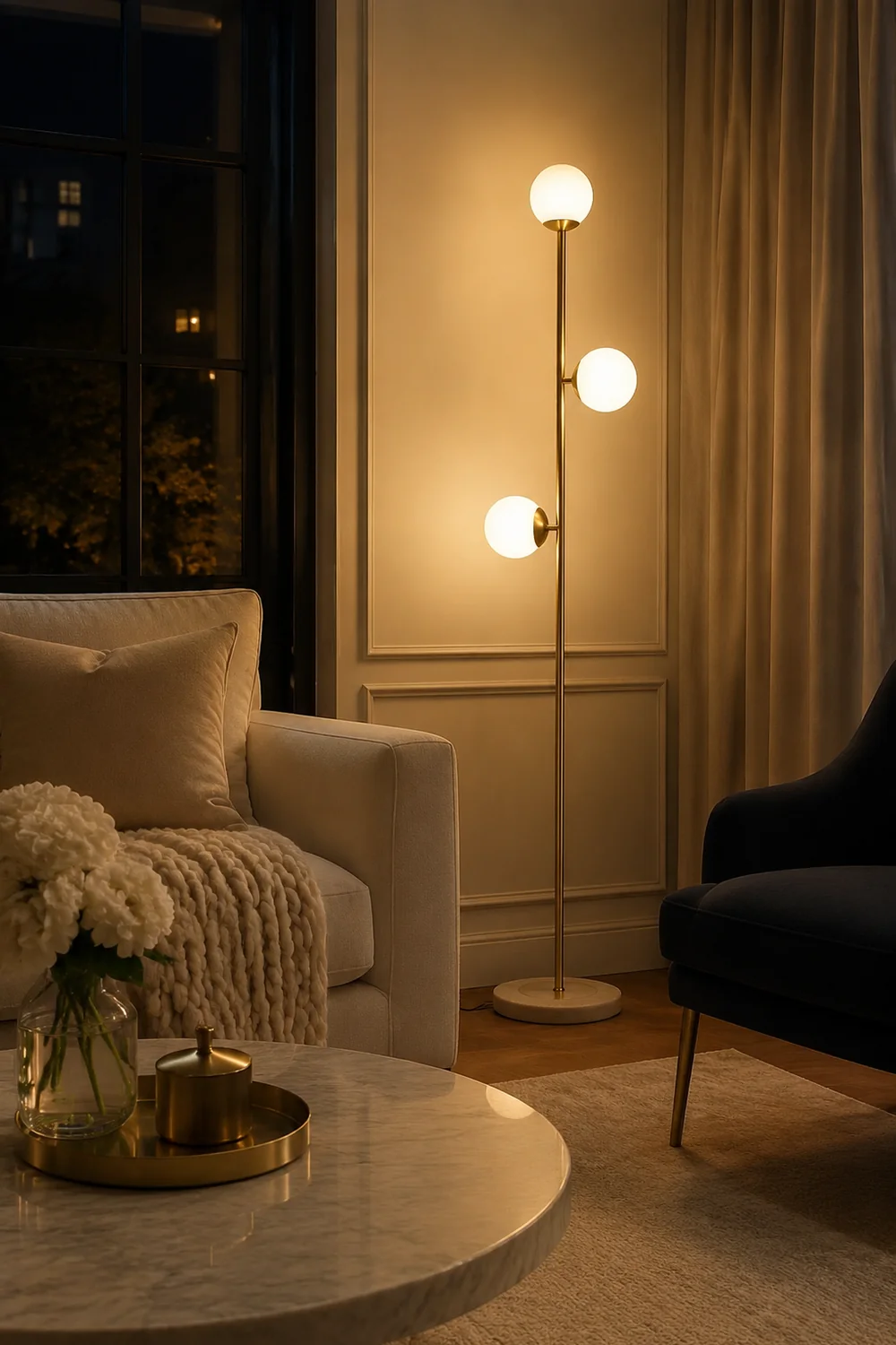 Valentina Modern Globe Brass/Glass Floor Lamp, 3 Heads - Lumpaz