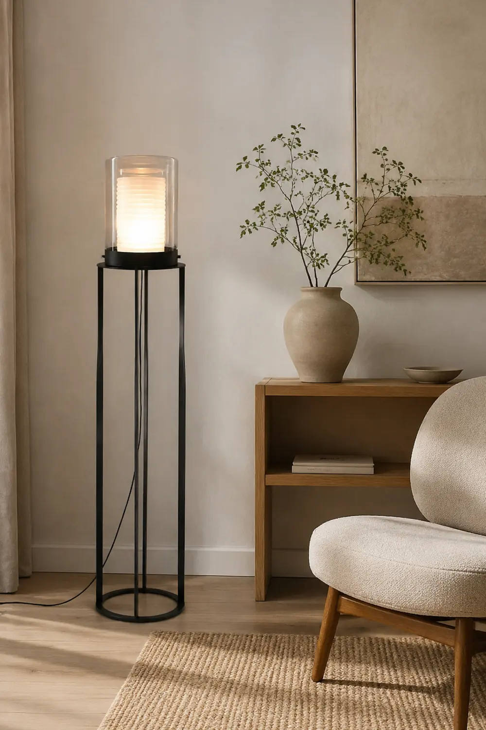 Eryn Simple Black Cylinder Floor Lamp, Metal & Glass - Lumpaz