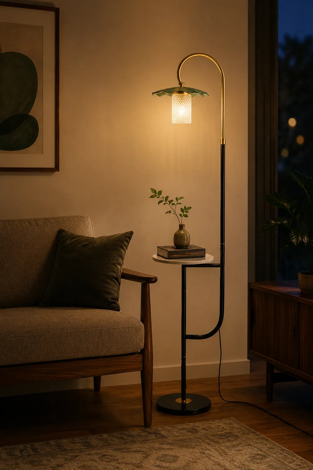 Carins Retro Lotus Metal Acrylic Floor Lamp, Gold/Green/Light - Lumpaz
