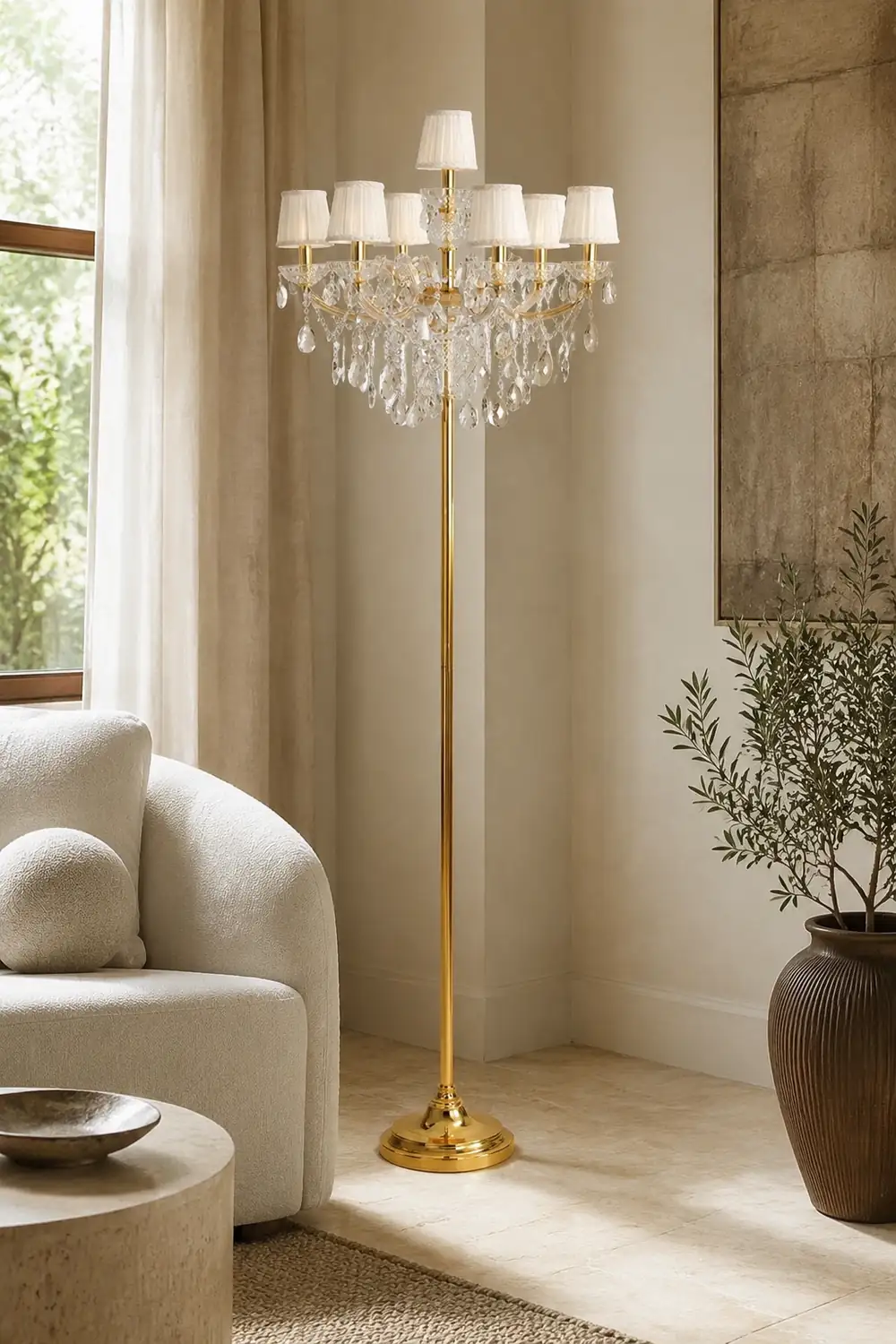 Carins Retro Crystal Multi Head Metal Fabric Floor Lamp, Gold - Lumpaz
