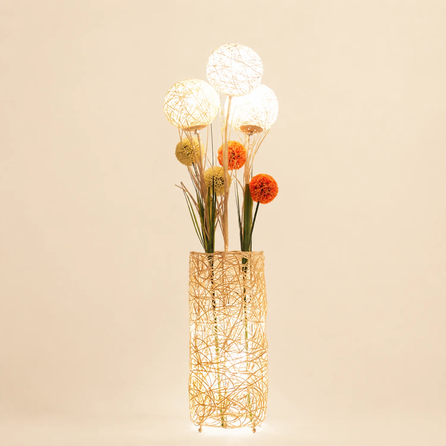 Ritta Retro Vase Wood Rattan Floor Lamp, White/Brown - Lumpaz