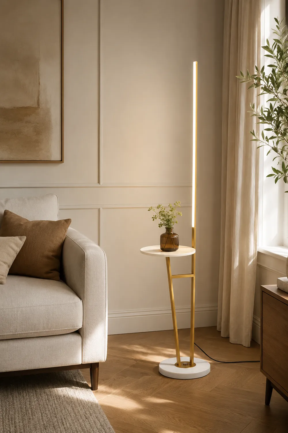 Edge Linear Floor Lamp With Table, Metal, Black/White/Gold - Lumpaz
