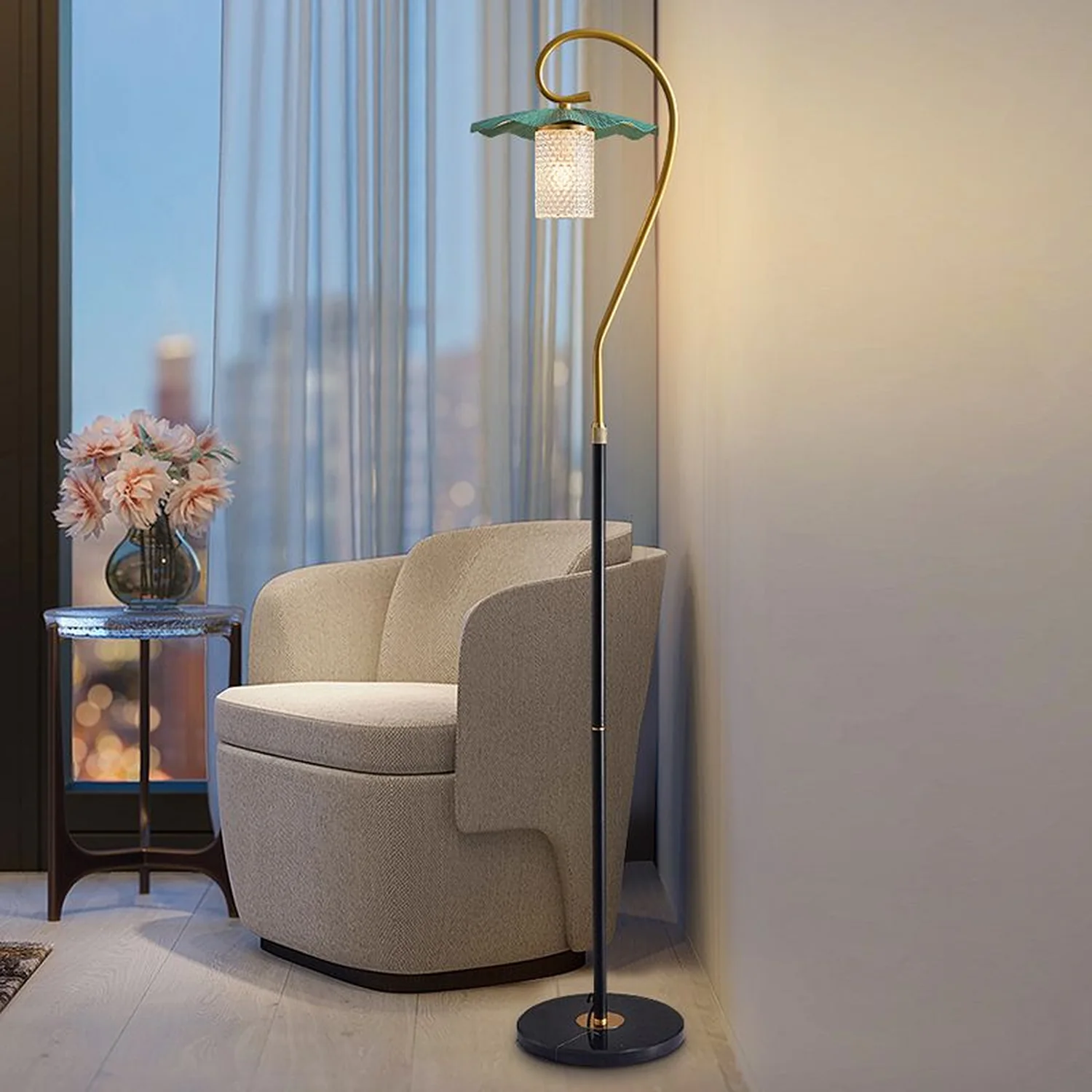 Carins Retro Lotus Metal Acrylic Floor Lamp, Gold/Green/Light - Lumpaz