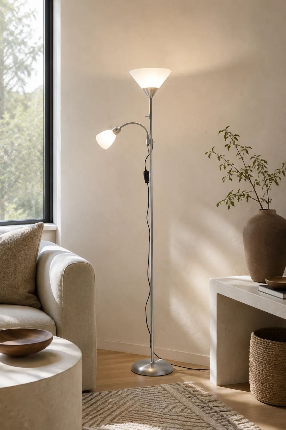 Eryn Modern Double Head Metal Acrylic Floor Lamp, Silver - Lumpaz