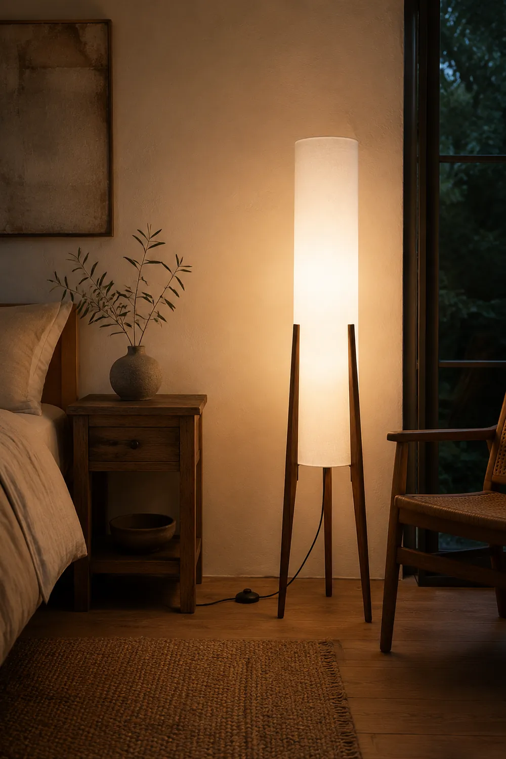 Ozawa Contemporary Cylinder Tripod Wood Glass Floor Lamp, Brown - Lumpaz