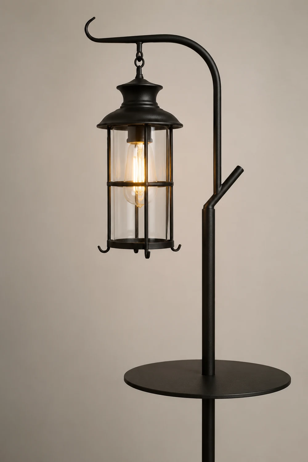 Alessio Retro Lantern Metal Glass Floor Lamp /w Table, Black/White - Lumpaz