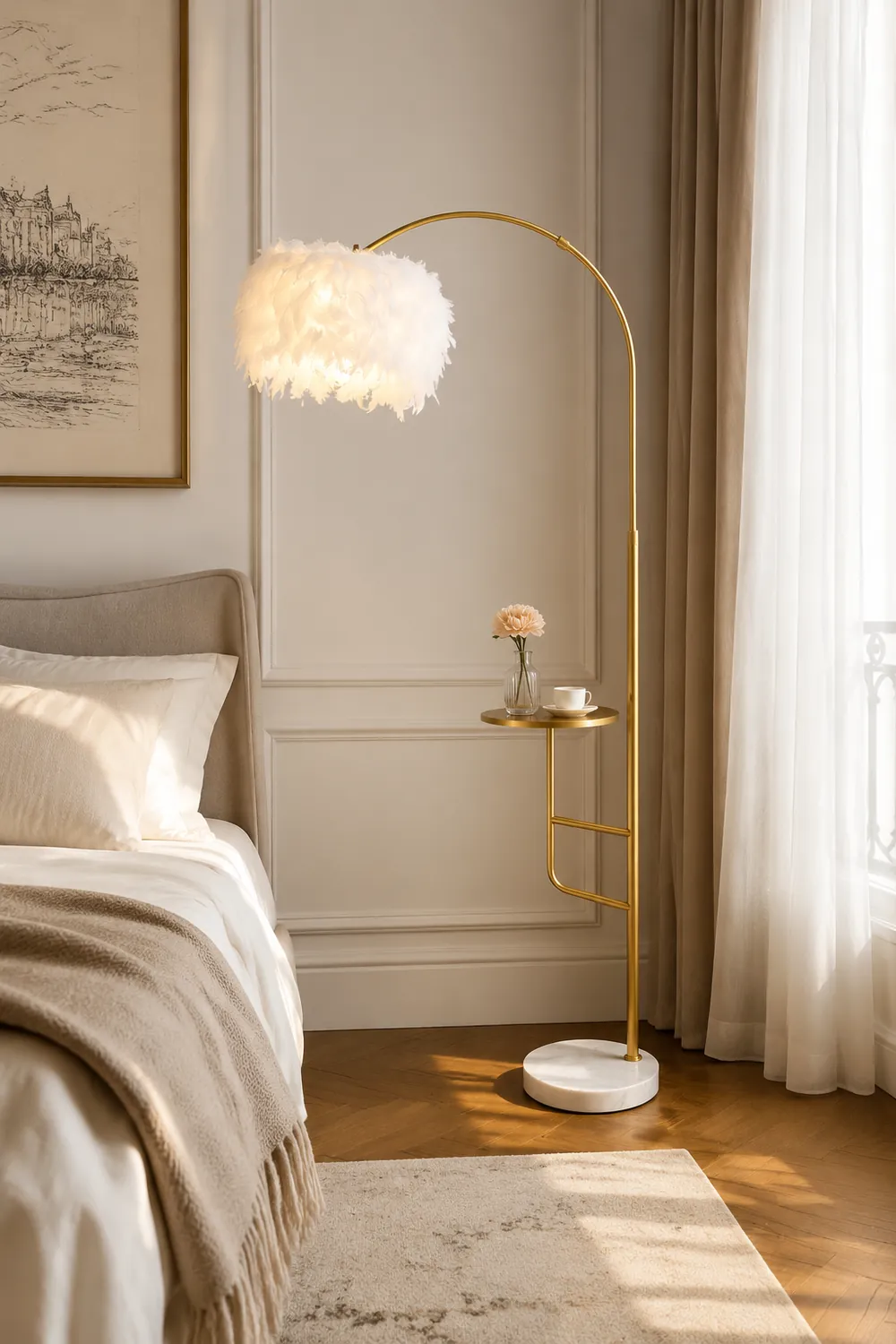 O'Moore Elegant Arc Metal Feather Floor Lamp With Table - Lumpaz