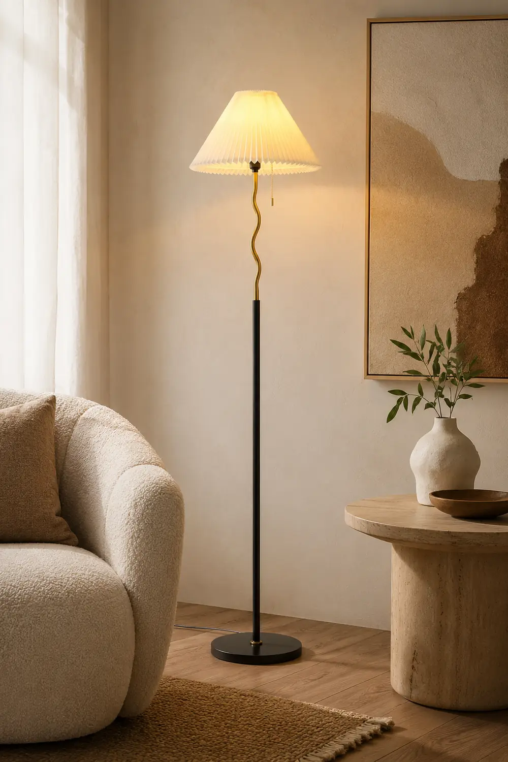 Ozawa Vintage Retro Geometric Pleated Metal Fabric Floor Lamp, Black - Lumpaz