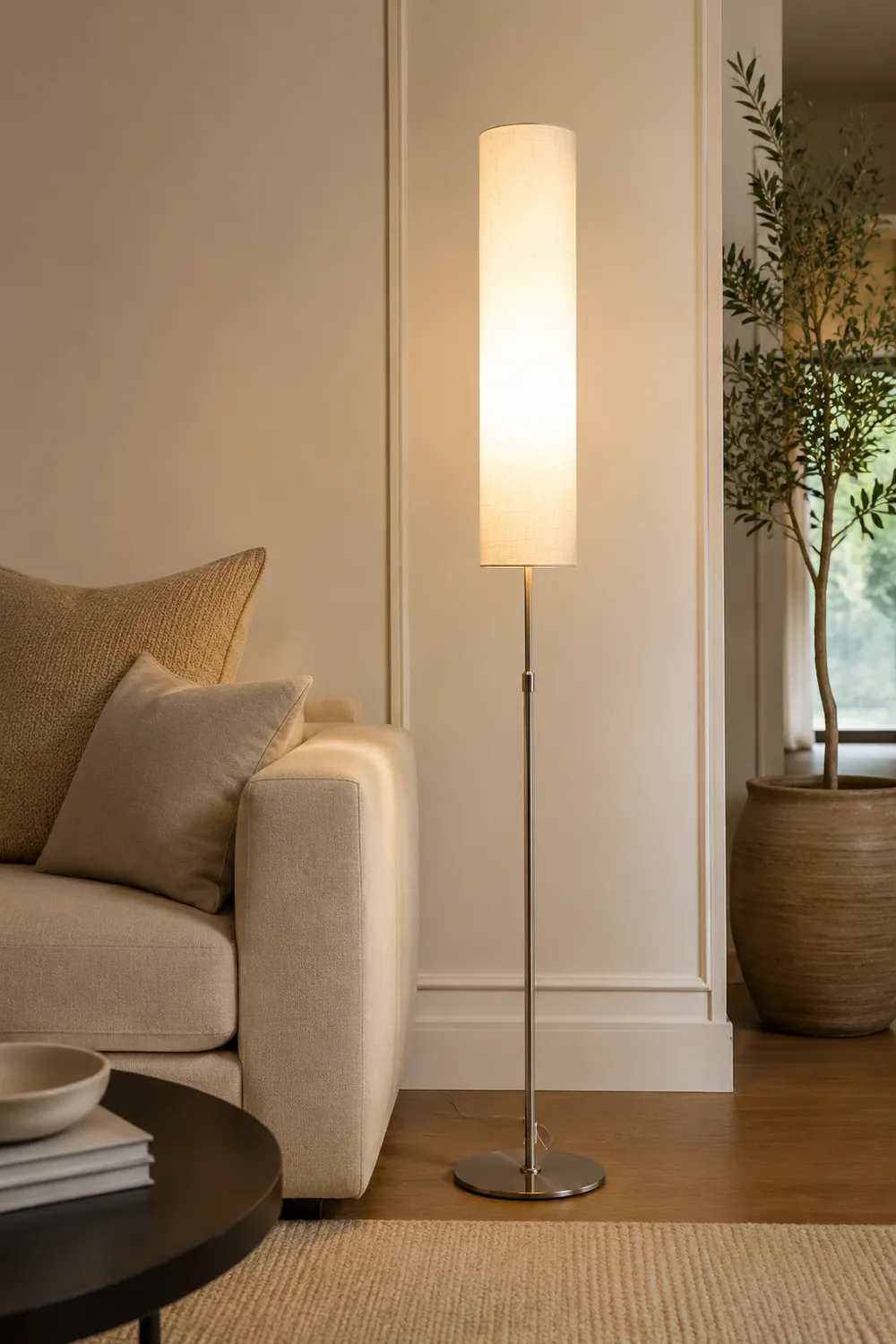 Eryn Minimalist Metal and Fabric Cylindrical White Floor Lamp - Lumpaz