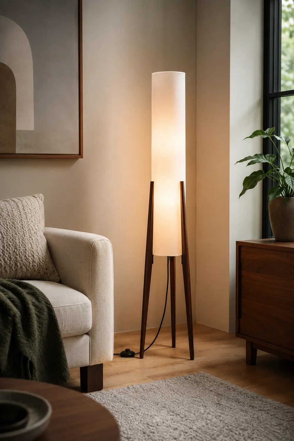 Ozawa Contemporary Cylinder Tripod Wood Glass Floor Lamp, Brown - Lumpaz
