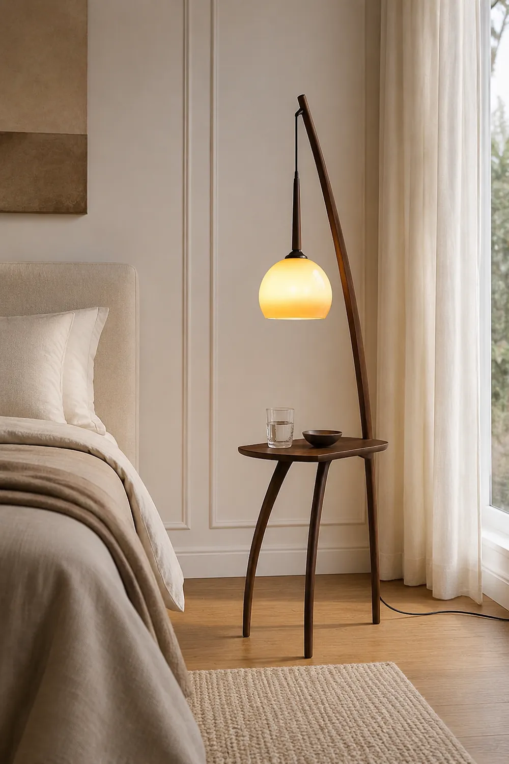Ozawa Modern Dome Tripod Wood Glass Floor Lamp /w Table, Brown - Lumpaz