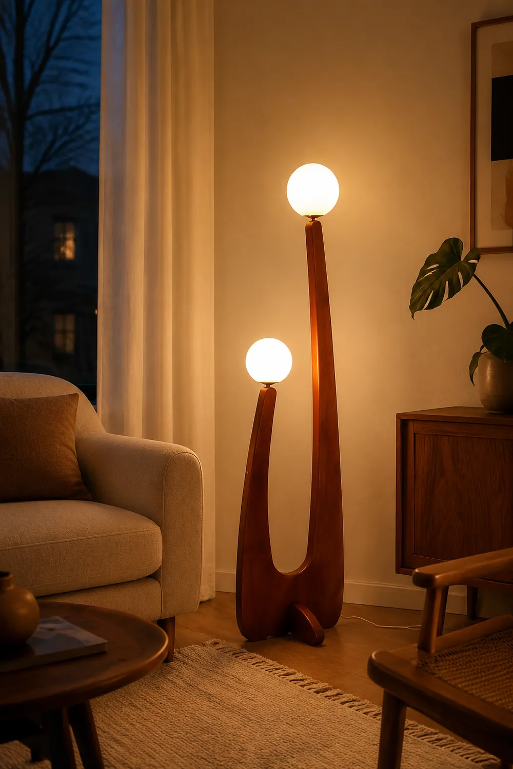 Avi Vintage Wood/Glass Floor Lamp,  2 Heads - Lumpaz