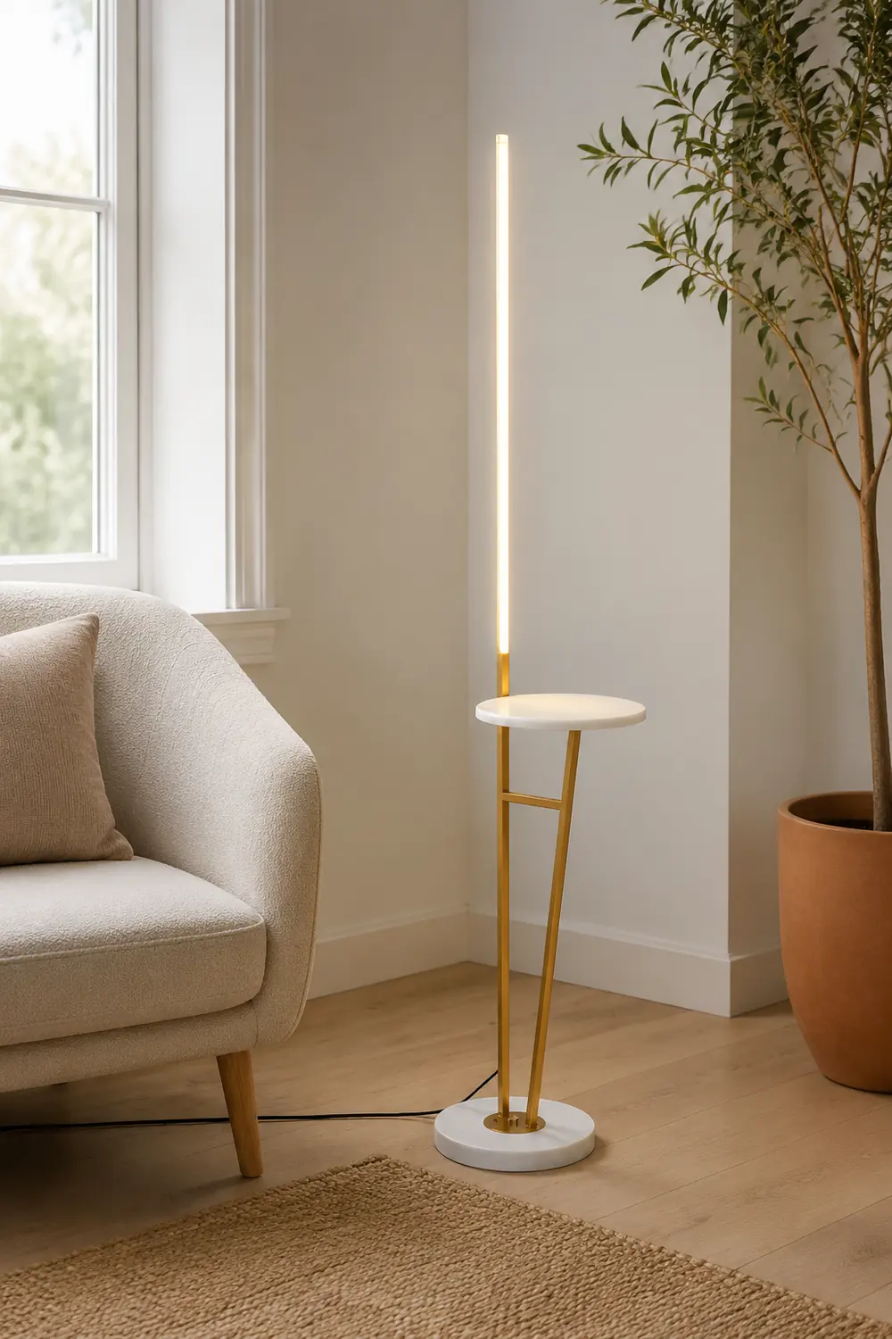 Edge Linear Floor Lamp With Table, Metal, Black/White/Gold - Lumpaz