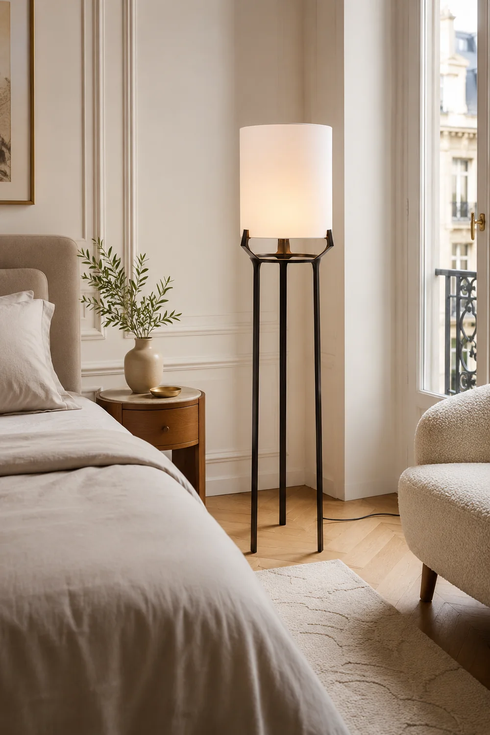Eryn Contemporary Tripod Metal Fabric Floor Lamp, White - Lumpaz