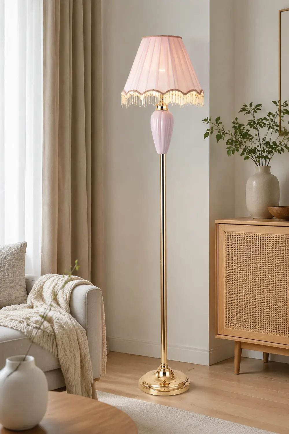 Eryn Vintage Ceramic Fabric Floor Lamp, Blue/Pink - Lumpaz