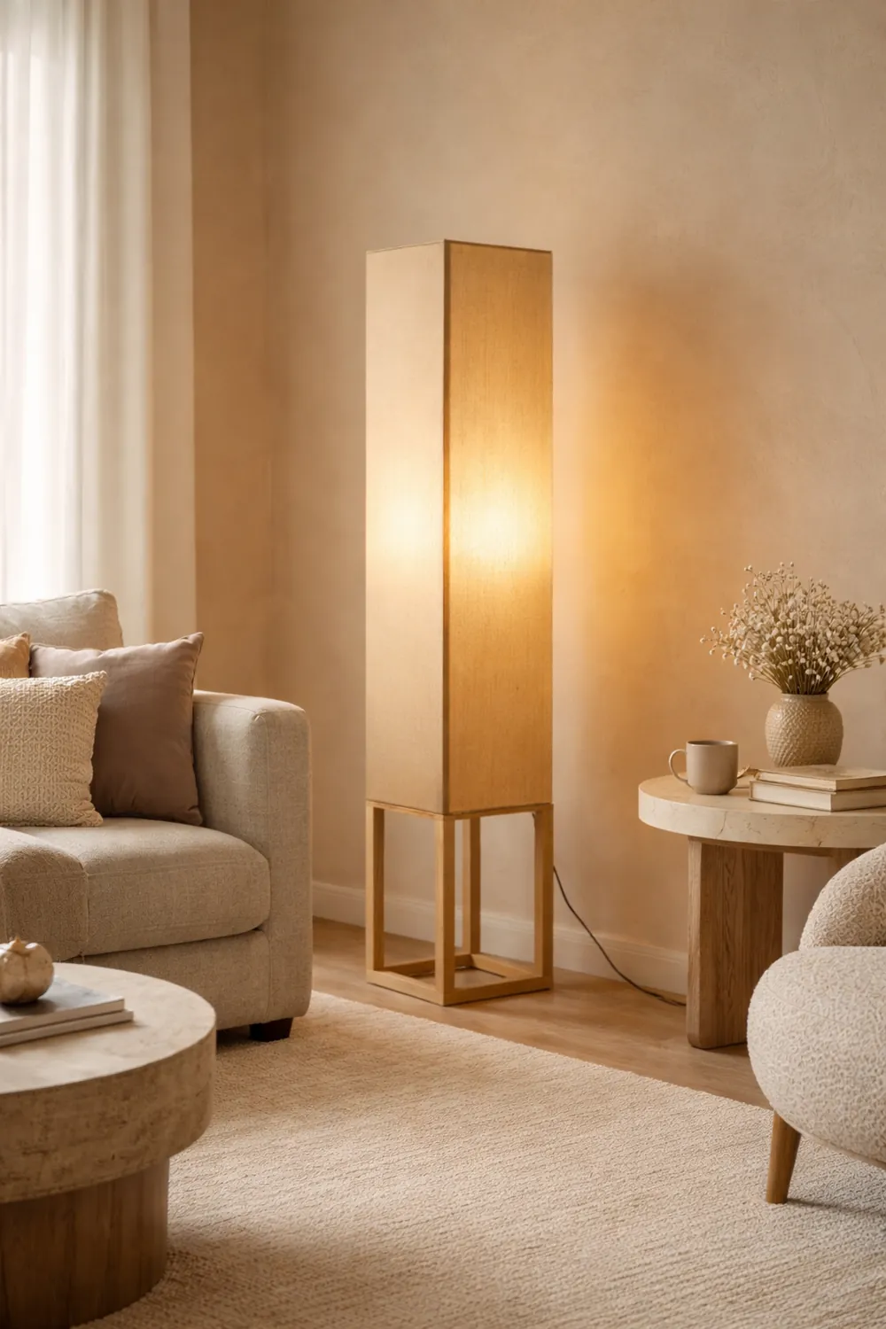 Ozawa Retro Rectangular Floor Lamp, Wood & Fabric, Bedroom - Lumpaz
