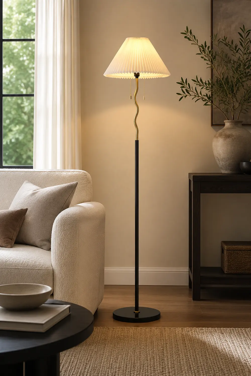 Ozawa Vintage Retro Geometric Pleated Metal Fabric Floor Lamp, Black - Lumpaz