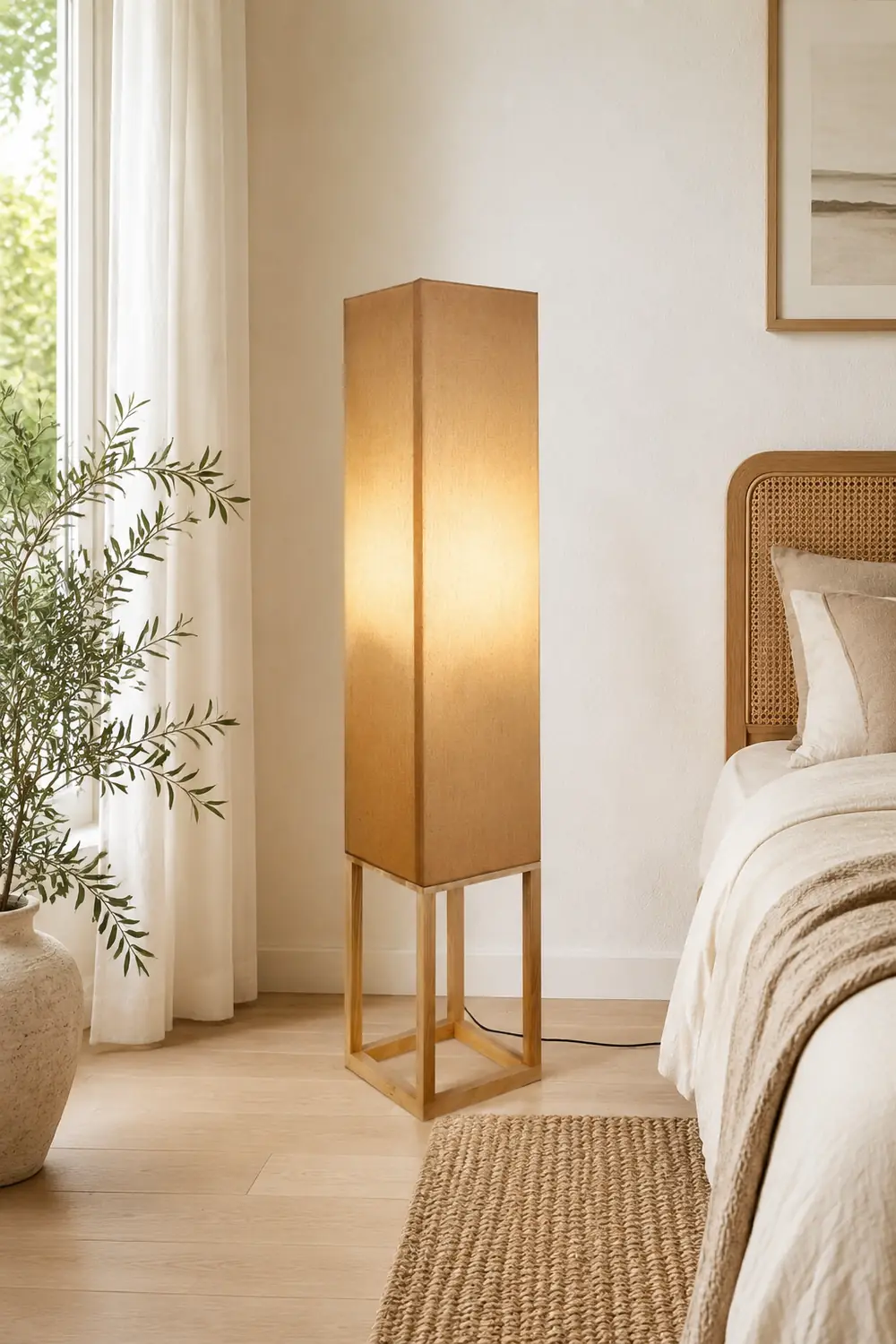 Ozawa Retro Rectangular Floor Lamp, Wood & Fabric, Bedroom - Lumpaz