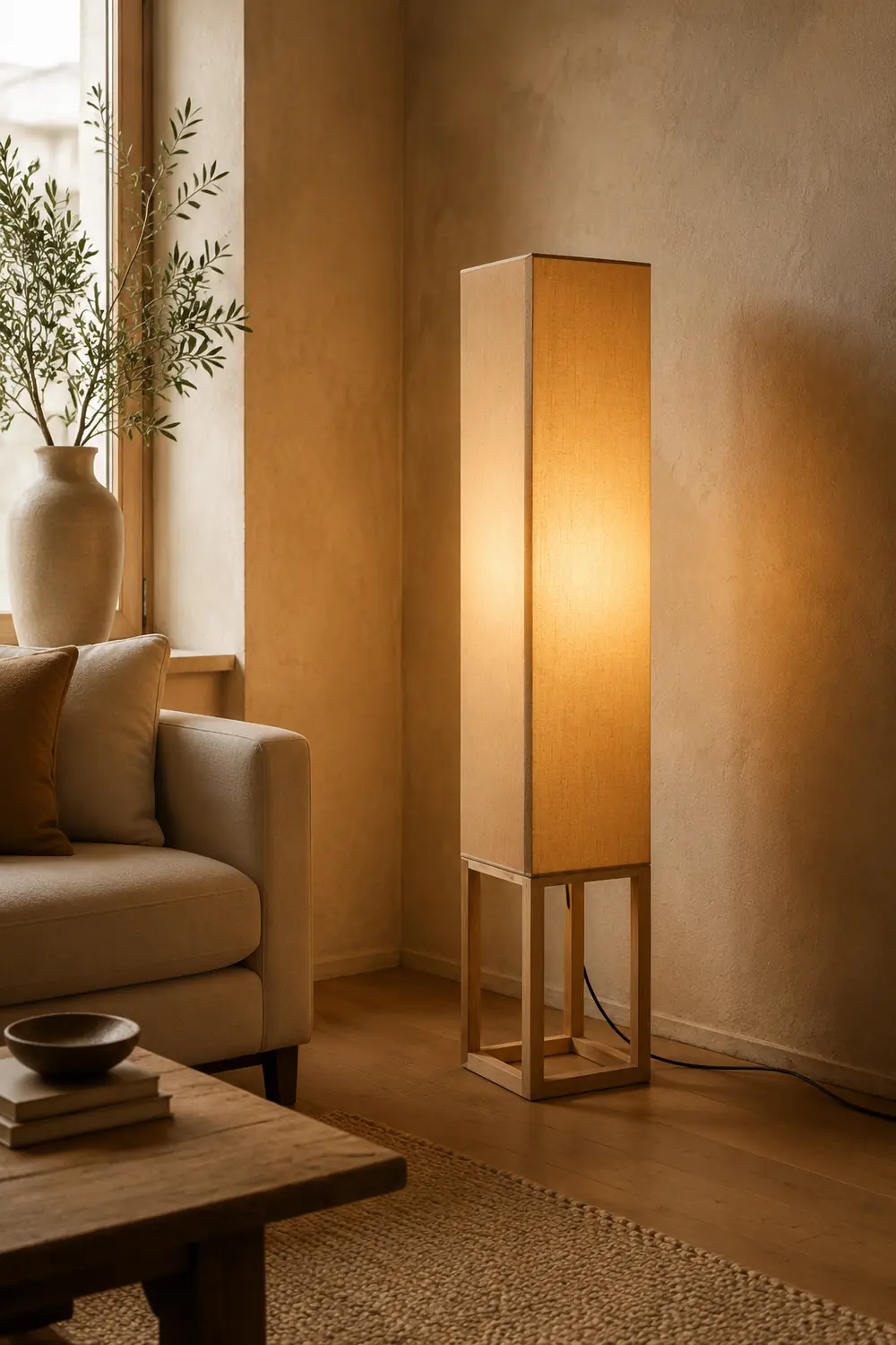 Ozawa Retro Rectangular Floor Lamp, Wood & Fabric, Bedroom - Lumpaz